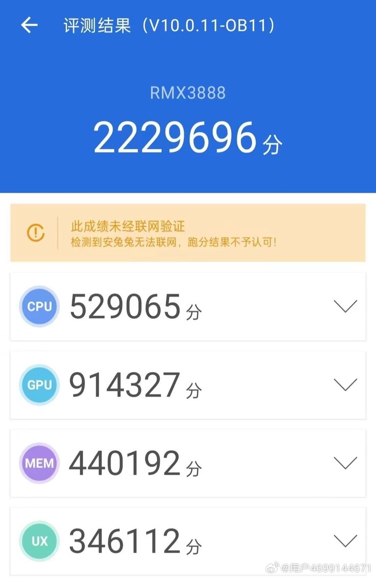 I presunti punteggi preliminari di AnTuTu Benchmarking di GT5 Pro. (Fonte: Utente 4699144671 via Weibo)