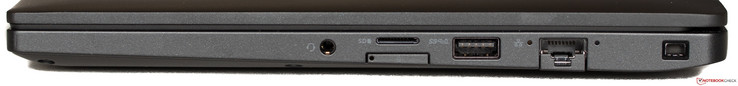 Lato destro: audio in/out, vassoio per microSD e Micro-SIM in basso (disattivato), USB 3.1, Ethernet, slot per blocco di sicurezza Noble (a cuneo)