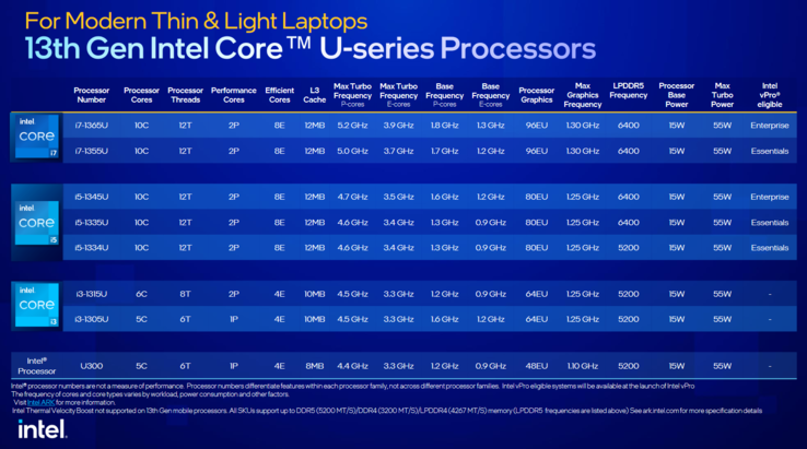 Specifiche di Intel Raptor Lake U (immagine via Intel)