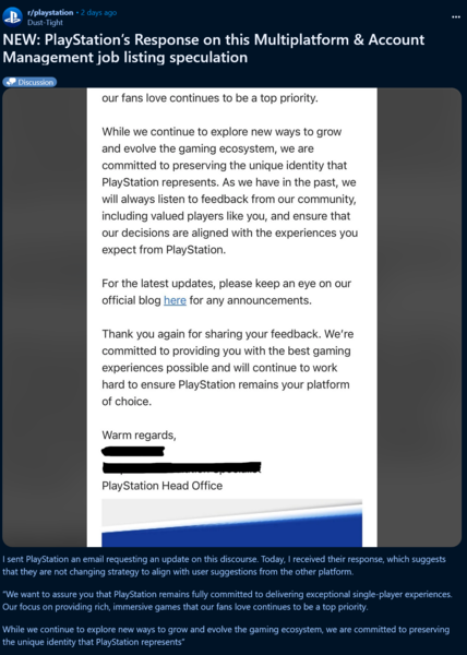 Risposta di PlayStation al reclamo sui giochi multipiattaforma per PS5 (Fonte immagine: screenshot, subreddit PlayStation)