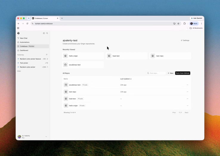L’interfaccia utente di Origin, una funzionalità di Cursor