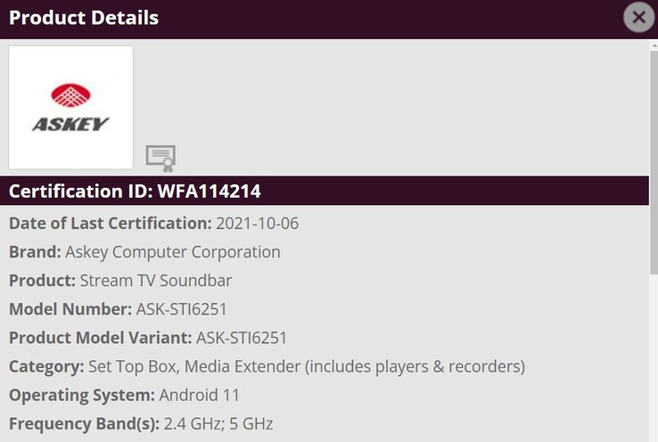 La "Verizon Stream TV Soundbar" appare in nuove fughe di notizie. (Fonte: Wi-Fi Alliance via Android TV Guide)