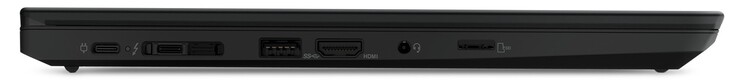 Lato sinistro: 2x Thunderbolt 4 (alimentazione, include DisplayPort 1.4, PD 3.0), porta docking, 1x USB-A 3.2 Gen 2, HDMI 2.0, jack audio combinato, lettore di schede microSD