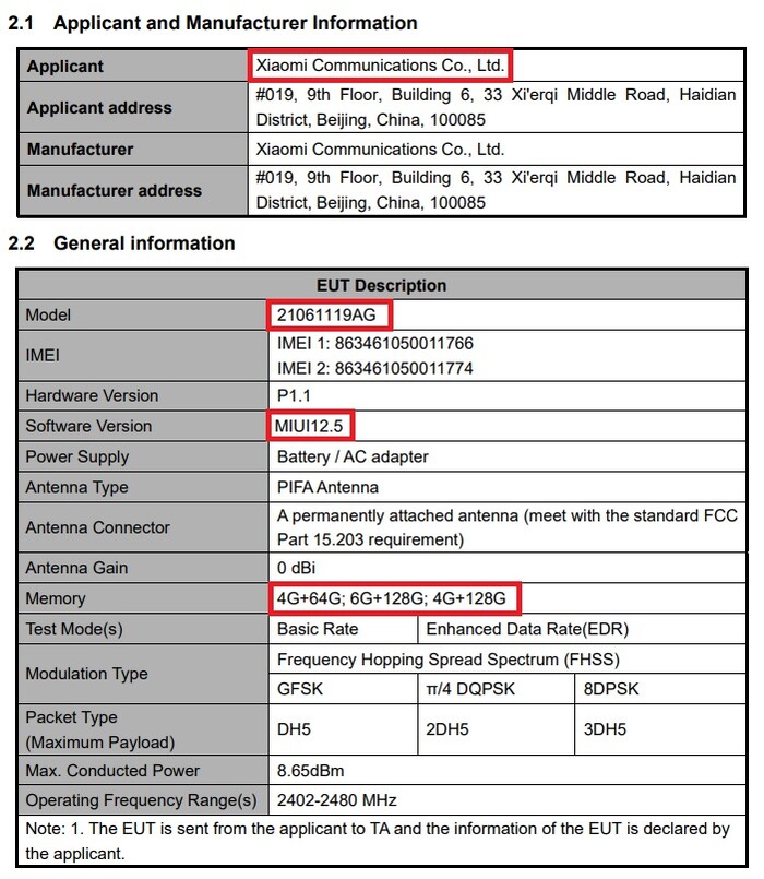 Specifiche Redmi 10. (Fonte immagine: FCC)