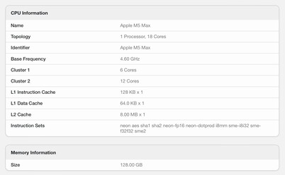 Dettagli dell'elenco di Geekbench.