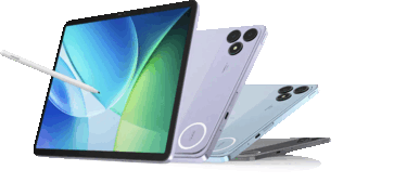 Tablet Blackview Zeno 6 con pennino, mostrato accanto a pannelli posteriori viola, blu e grigi.