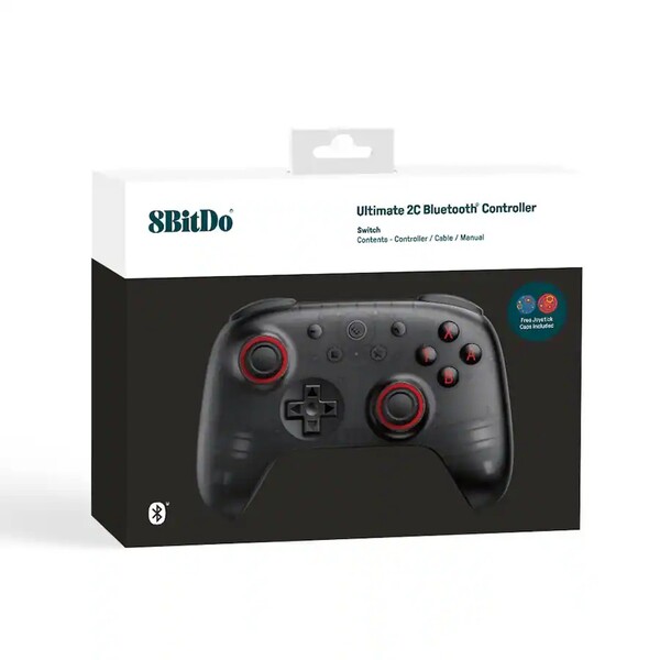 L'8bitDo Ultimate 2C Bluetooth, di colore nero traslucido, è dotato di due tappi per joystick. (Fonte: 8BitDo)