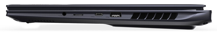 Lato destro: combo audio, lettore di schede di memoria (MicroSD), USB 3.2 Gen 2 (USB-C; DisplayPort), USB 3.2 Gen 2 (USB-A)