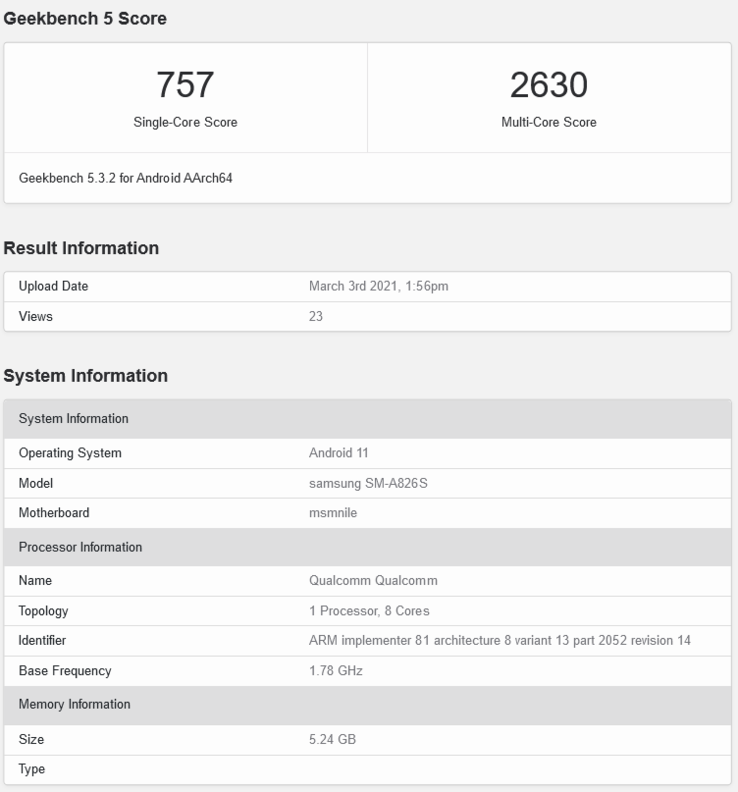 Samsung Galaxy A82 su Geekbench (immagine via Geekbench)