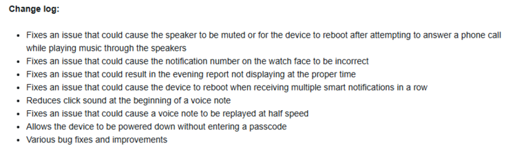 Il registro delle modifiche della versione beta 15.10 per lo smartwatch Garmin Venu 4. (Fonte: Garmin)