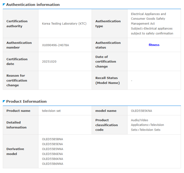 Uno screenshot del recente elenco nel database di Safety Korea con i numeri di modello dei televisori LG B5 e B6. (Fonte: LG)