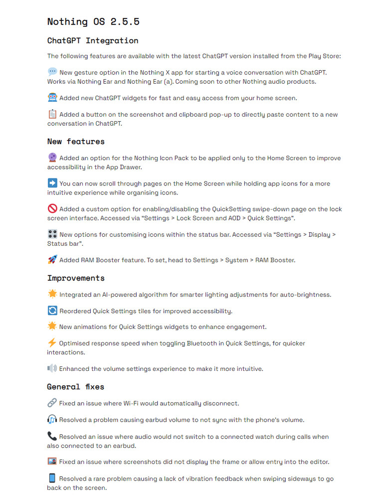 Il changelog di Nothing OS 2.5.5 per Nothing Phone 1 (fonte: Nothing)