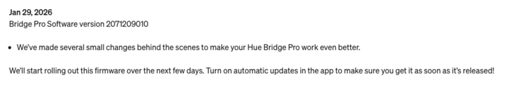Le note di rilascio della versione del software Philips Hue Bridge Pro 2071209010 (identica all'aggiornamento di Hue Bridge v2). (Fonte immagine: Screenshot della pagina di supporto di Philips Hue)