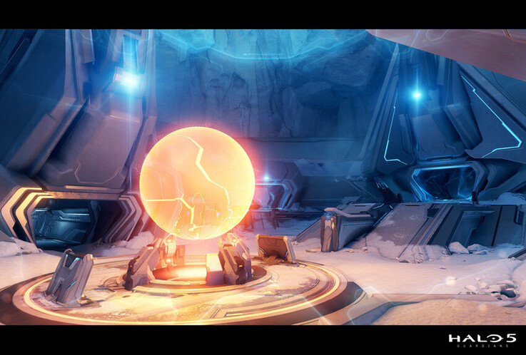 Una sfera di energia Forerunner incandescente è alla base di questo ambiente di Halo 5: Guardians, incorniciato da un terreno ghiacciato, da un'architettura aliena dai tratti duri e da un'illuminazione blu fredda.
