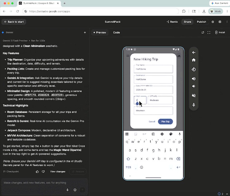 Le applicazioni Gemini AI Studio codificate da Vibe possono essere eseguite nell'emulatore telefonico Android online o installate su telefoni locali per i test.