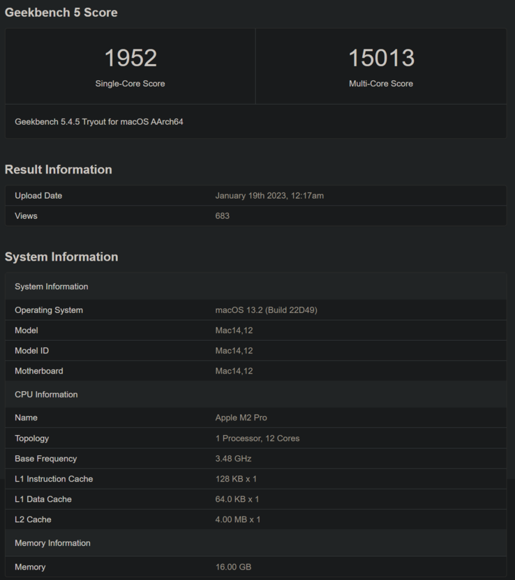 Apple M2 Pro: elenco di Geekbench (immagine da Geekbench)