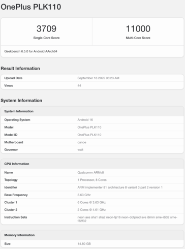 Il OnePlus 15 con Snapdragon 8 Elite Gen 5 appare su Geekbench. (Fonte: Geekbench)
