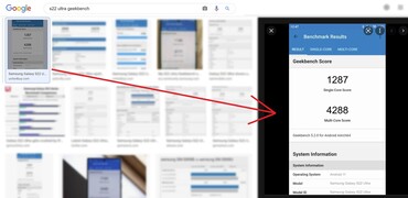 risultato della ricerca "S22 Ultra Geekbench". (Fonte immagine: via Google - modificato)