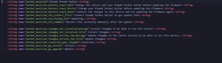 Stringhe che indicano che Xiaomi Pocket Guitar richiede l’accoppiamento con l’applicazione Changba per funzionare