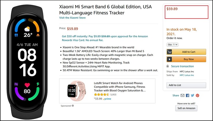 Xiaomi Mi Smart Band 6 Global Edition. (Fonte immagine: Amazon)