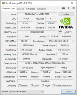 GeForce RTX 2060 GPU-Z estratto dal Dell G5 15 5590