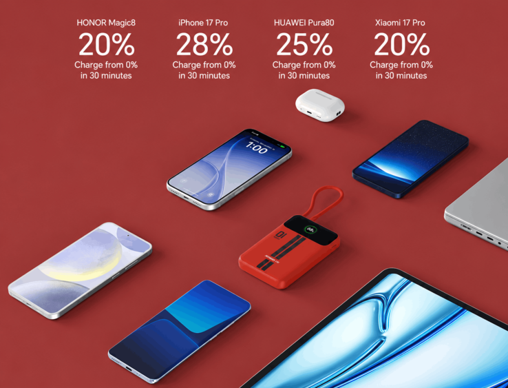 Power bank Honor Life mostrato accanto a smartphone, auricolari wireless e un laptop