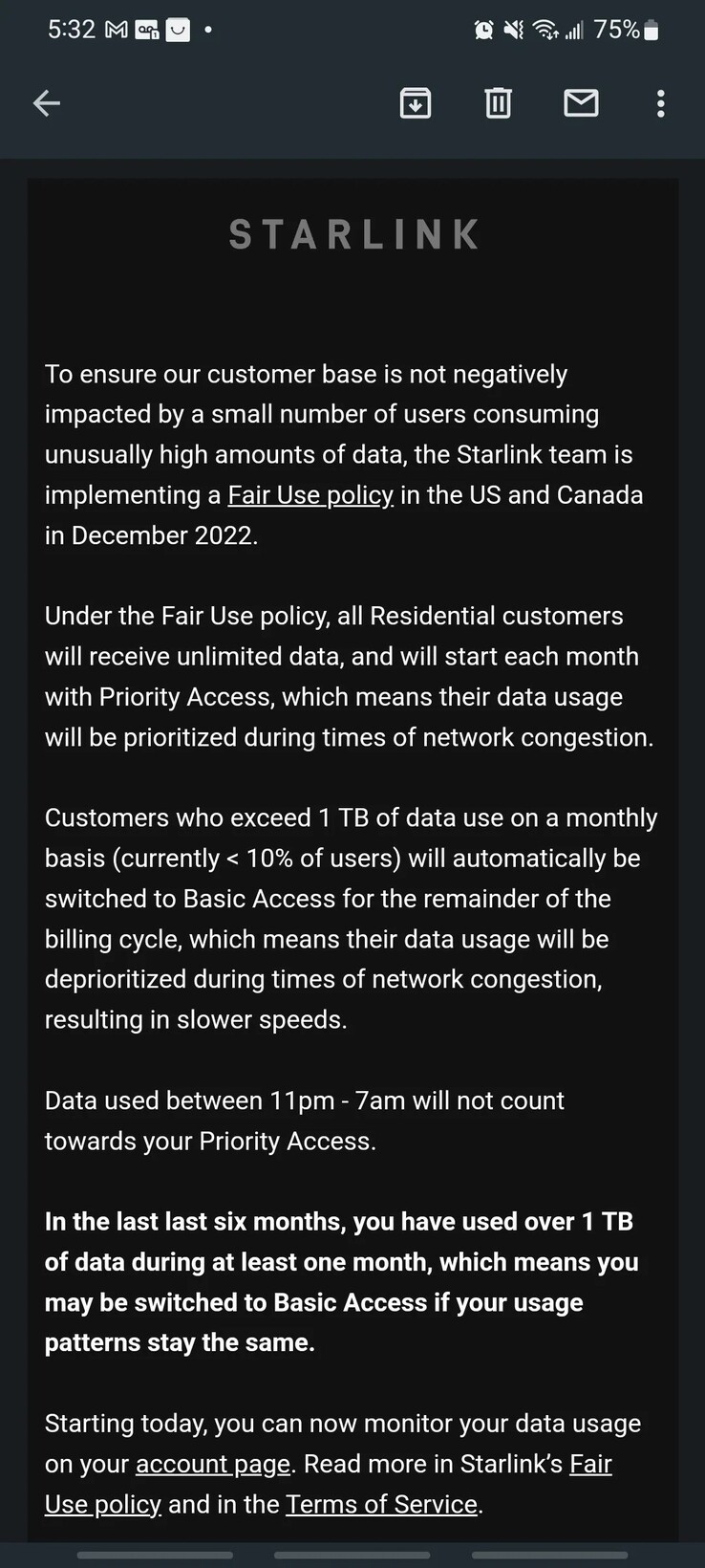 Il messaggio di data cap che SpaceX ha inviato agli utenti di Starlink da venerdì scorso