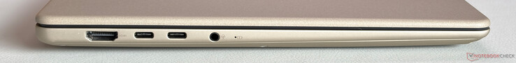 A sinistra: HDMI 2.1 (TMDS), 2 porte USB-C 3.2 Gen.2 (10 Gbps, DisplayPort, Power Delivery), jack stereo da 3,5 mm