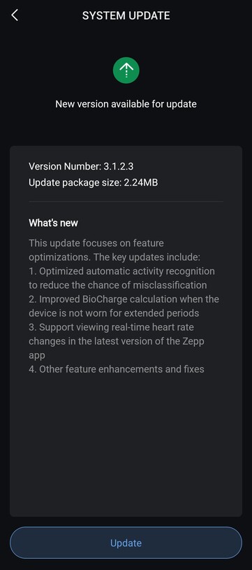 Le note di rilascio della versione software 3.1.2.3 per l'Amazfit Helio Strap. (Fonte immagine: u/FluffyMousse6975 via Reddit)
