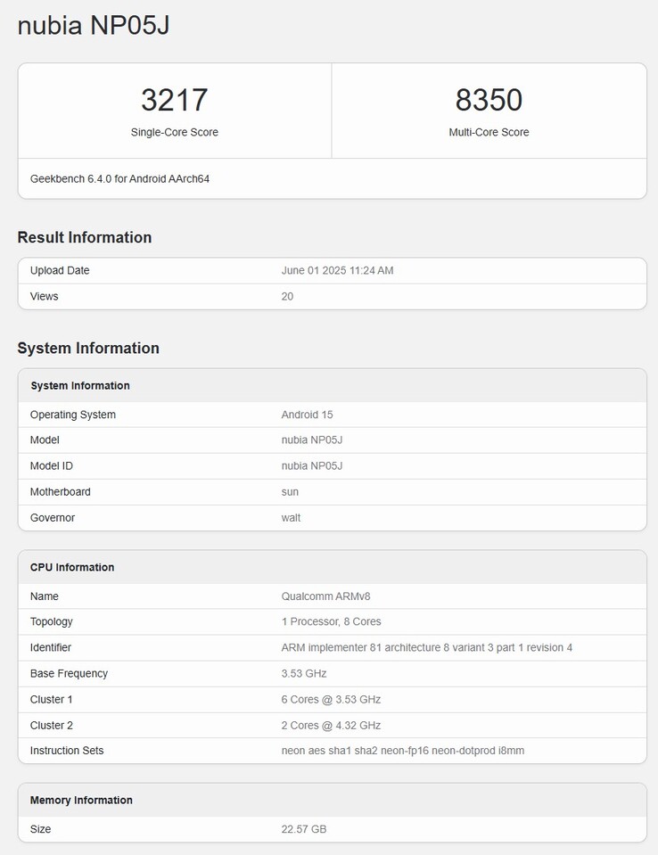 Il presunto elenco di Geekbench del tablet da gioco Snapdragon 8 Elite RedMagic (Fonte: Geekbench)