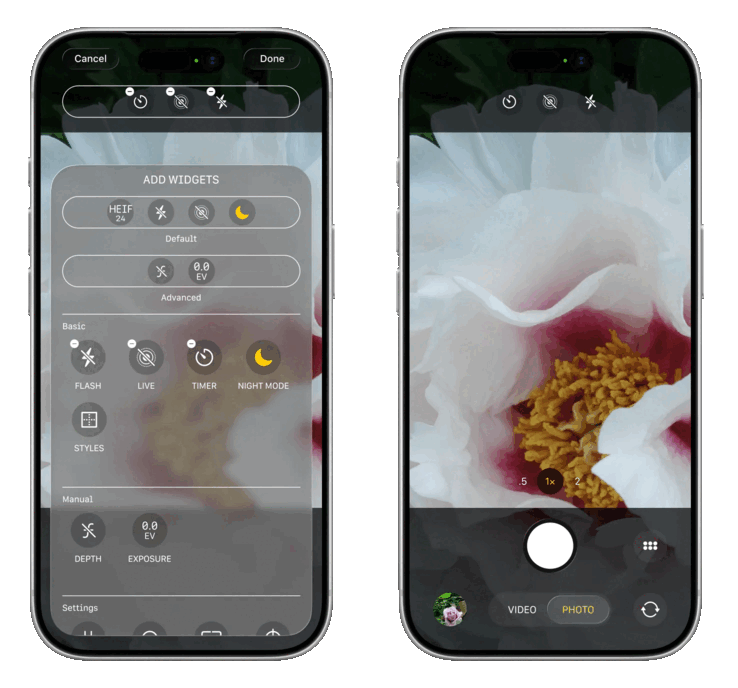 L'app Fotocamera di iOS 27 sarà ridisegnata per essere completamente personalizzabile con una serie di opzioni di controllo (a sinistra), mentre l'interfaccia principale per scattare foto dovrebbe collocare i controlli in alto al centro.