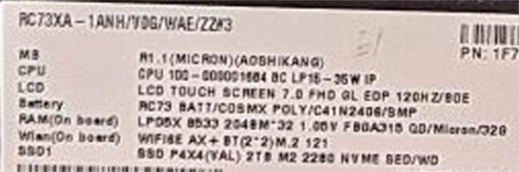 Specifiche del ROG Ally 2 RC73XA. (Fonte immagine: via @94G8LA)