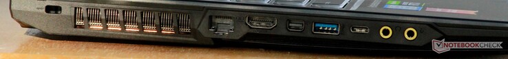 A sinistra: Ventilazione, Ethernet, HDMI 1.4, mini-DisplayPort 1.2, USB 3.1 Gen 1 Type-A, USB 3.1 Gen 1 Type-C, cuffie, microfono