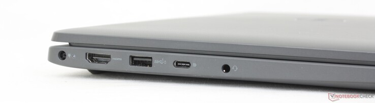 Sinistra: adattatore AC proprietario, HDMI 1.4, USB-A 3.2 Gen. 1, USB-C 3.2 Gen. 2 con DisplayPort 1.4 + Power Delivery, cuffie da 3,5 mm