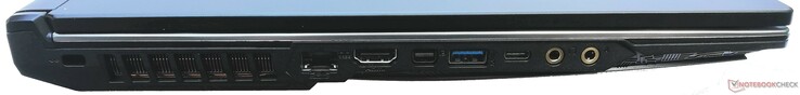 A destra: Slot Kensington Security, Gigabit Ethernet port, HDMI-out, porta Mini DisplayPort, una porta USB 3.2 Gen2 Type-A, una porta USB 3.2 Gen2 Type-C, jack cuffie, jack microfono