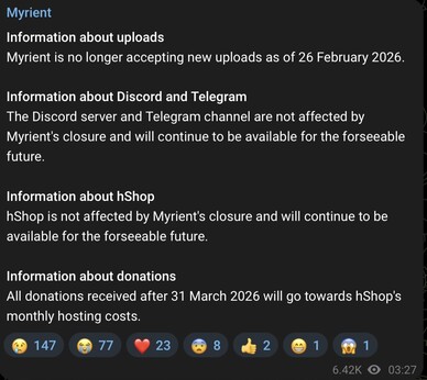 I caricamenti su Myrient non saranno più possibili.