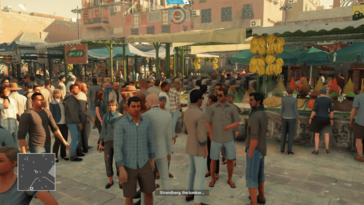 HIVE aiuta a individuare la fonte dei suoni, come questa conversazione tra la folla del centro in Hitman. (Immagine: proprio)