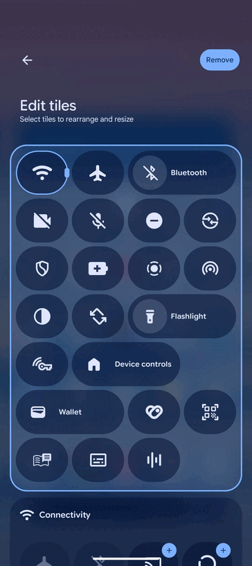 Tweak di allineamento alla schermata Modifica piastrelle di Impostazioni rapide (fonte: 9to5Google)