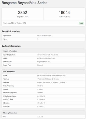 Bosgame M5 AI Mini Desktop su Geekbench (fonte: Geekbench)