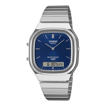 Orologio retrò analogico-digitale Casio AQ-240E-2A2 con quadrante blu effetto sunburst, cassa color argento e bracciale in acciaio inossidabile.