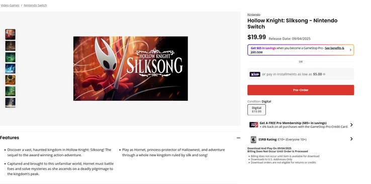 Hollow Knight: Annuncio di preordine di Silksong GameStop Switch (Fonte: screenshot, GameStop)