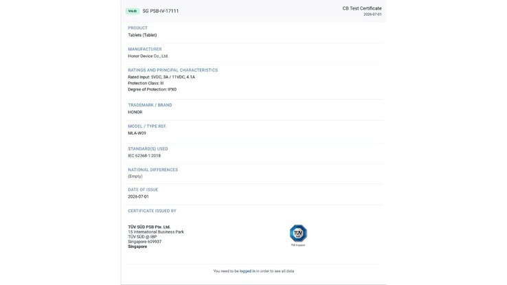 Scheda tecnica TÜV SÜD relativa all’Honor Pad 20 Pro.