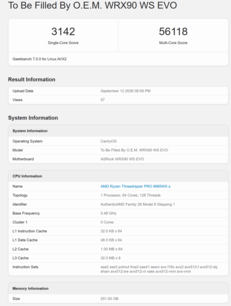 Punteggio Geekbench 7 del Threadripper Pro 9985WX