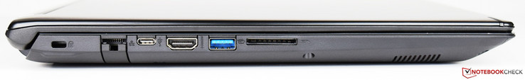 Left: Kensington lock, Ethernet, USB 3.1 Gen 1 Type-C, HDMI, USB 3.0, SD card reader