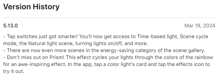 Il registro delle modifiche per l'applicazione Philips Hue versione 5.13.0. (Fonte immagine: Apple App Store)