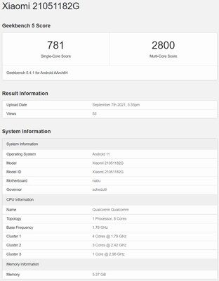 Xiaomi Pad 5 modello globale su Geekbench. (Fonte immagine: Geekbench via @TechnoAnkit1)