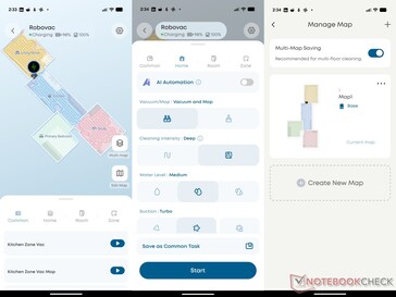 l'app eufy mostra l'animazione di ricarica, le opzioni di pulizia e il gestore di mappe.