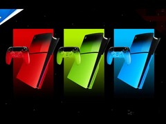 Rendering artistico della console PS5 e del controller Dual Sense nei colori rosso, verde e blu.