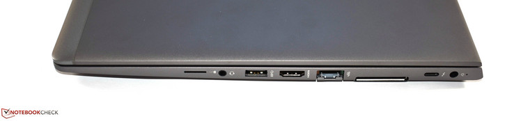 Lato destro: Slot SIM, jack da 3,5 mm, porta USB 3.0 tipo A, HDMI, RJ45 Ethernet, porta docking, porta USB tipo C Thunderbolt 3, connettore di alimentazione