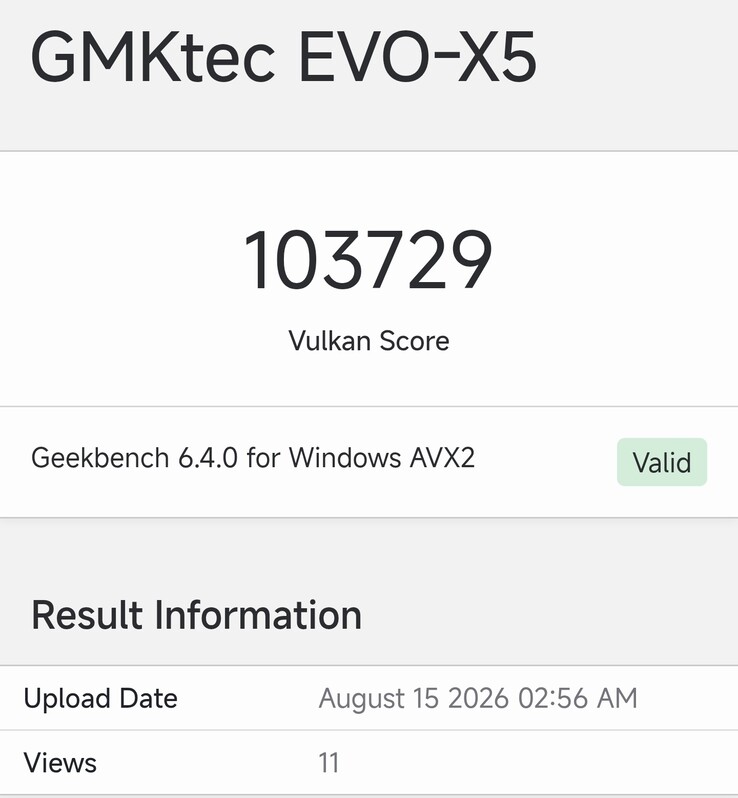 La scheda Geekbench relativa al GMKtec EVO-X5